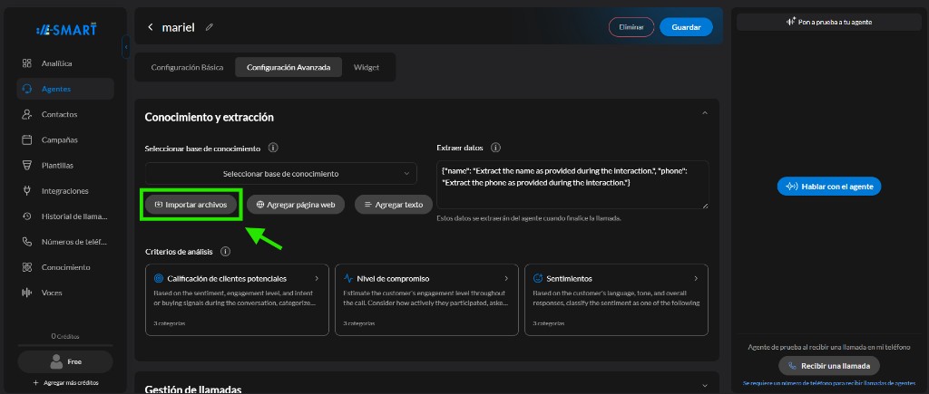 Botón Importar archivos en Conocimiento y extracción