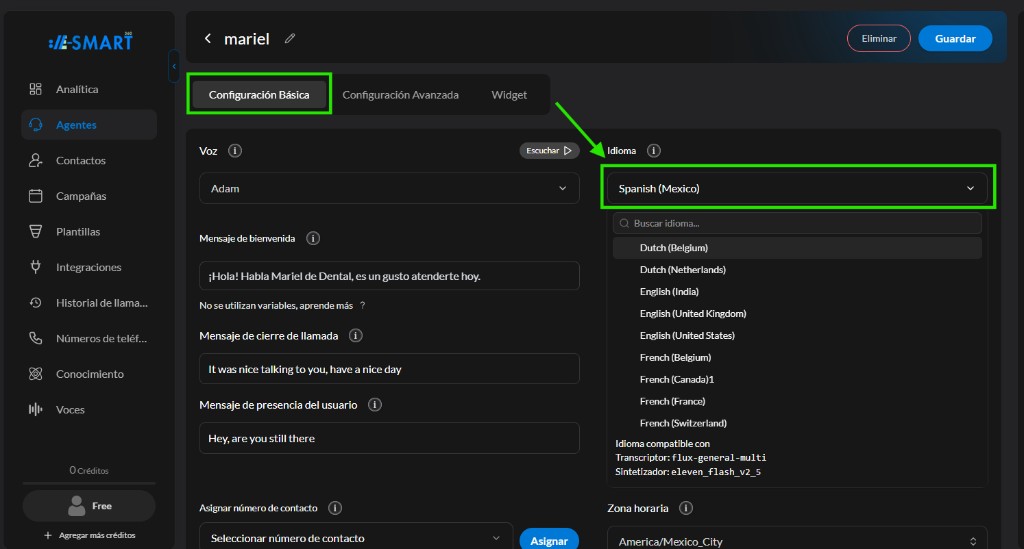 Selección de idioma en Configuración Básica
