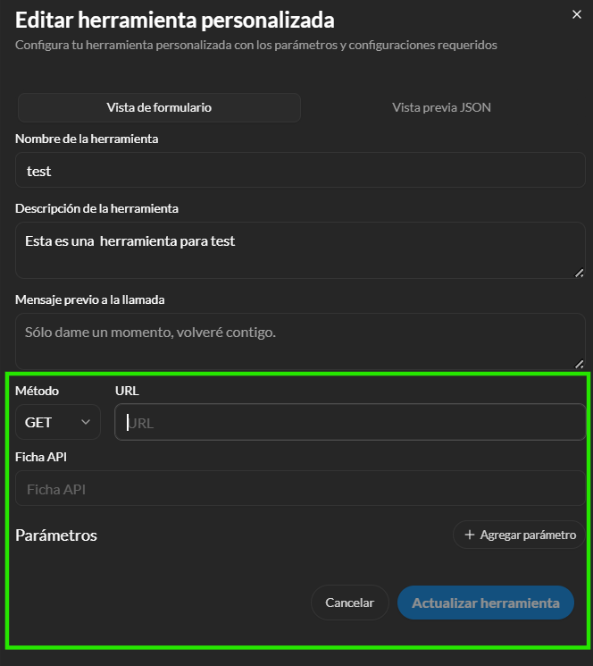 Método, URL, ficha API y parámetros
