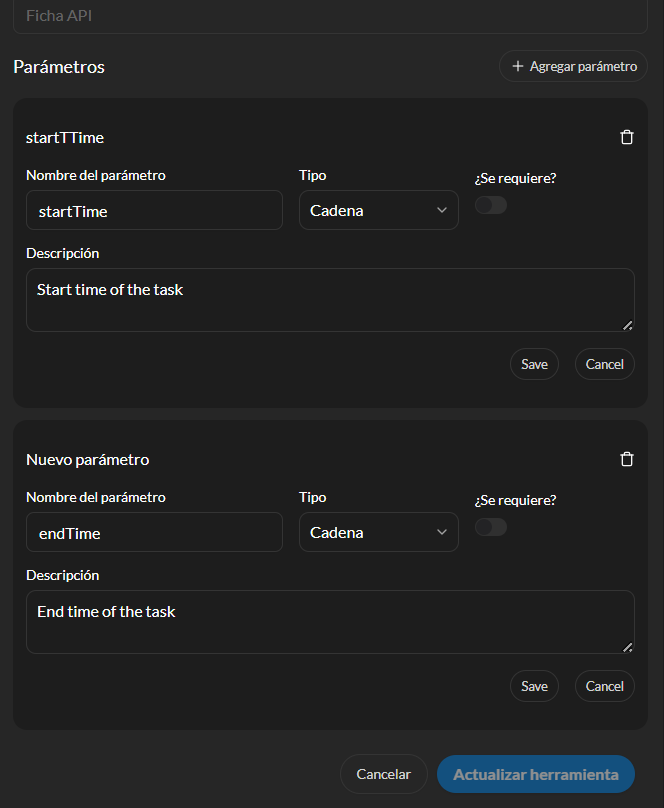 Configuración de parámetros startTime y endTime