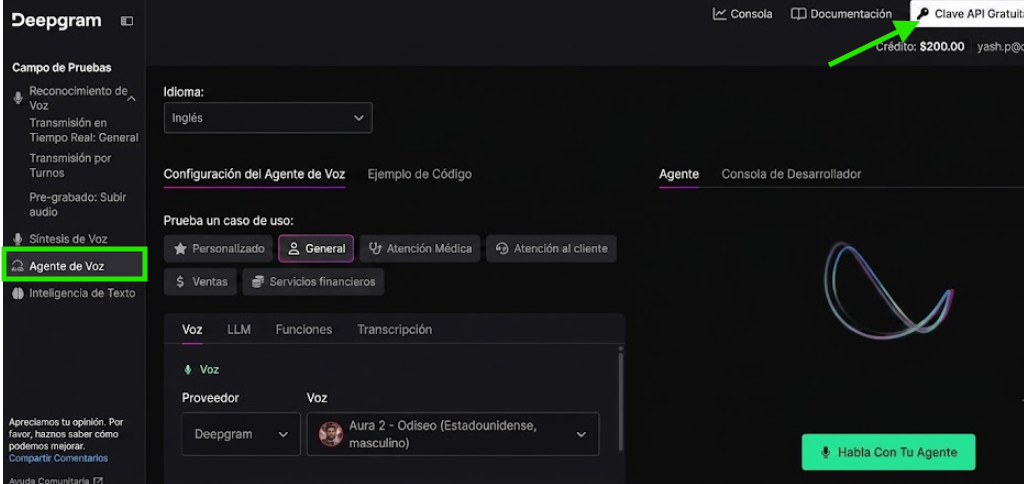 Consola de Deepgram — Clave API Gratuita