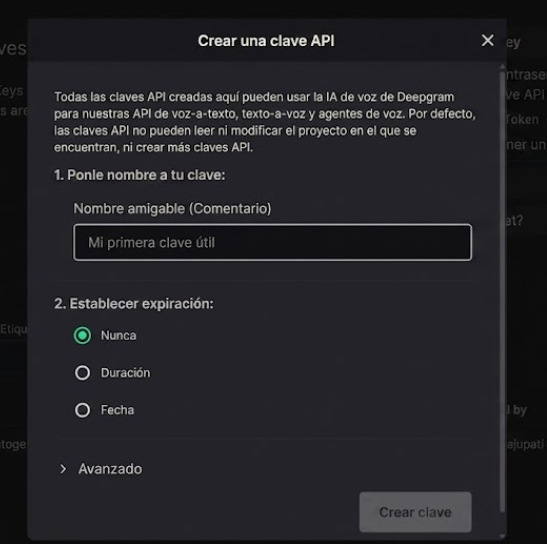 Crear una clave API en Deepgram