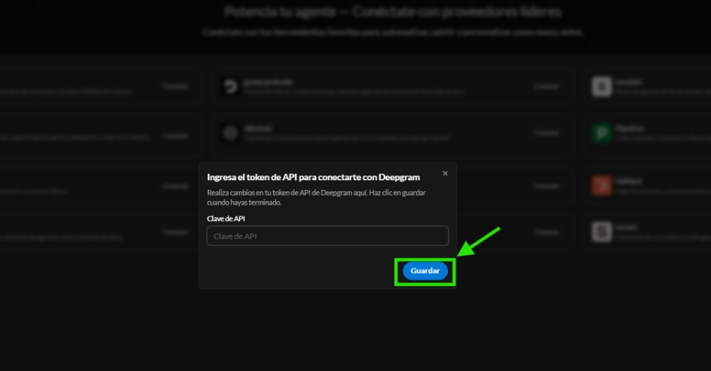 Conectar Deepgram — guardar clave de API