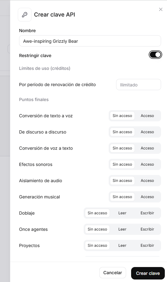 Crear clave API — acceso limitado