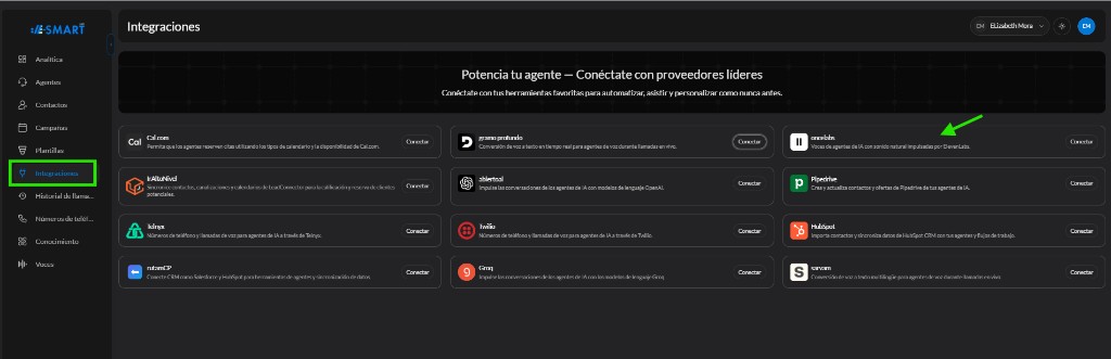 Sección Integraciones — ElevenLabs