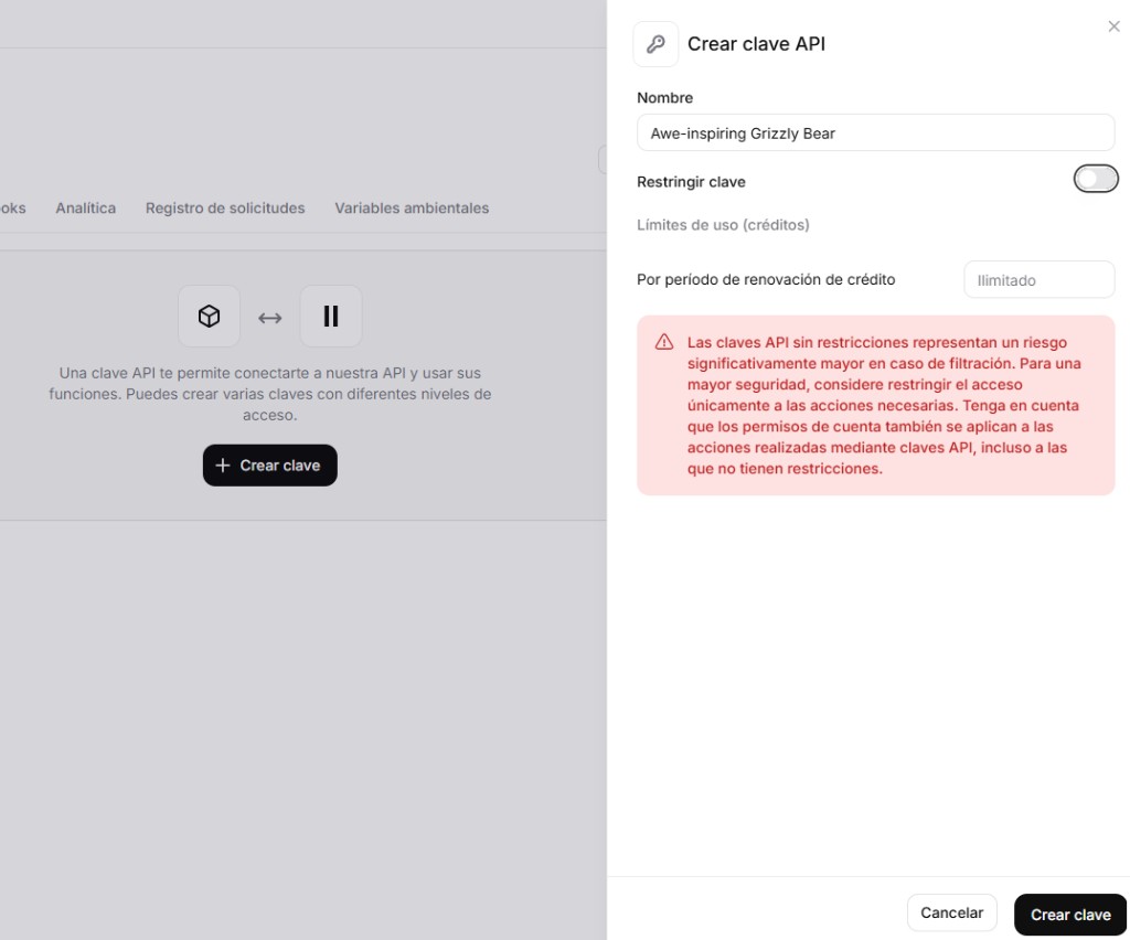 Crear clave API — acceso completo