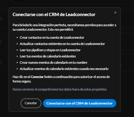 Modal de autorización de Leadconnector