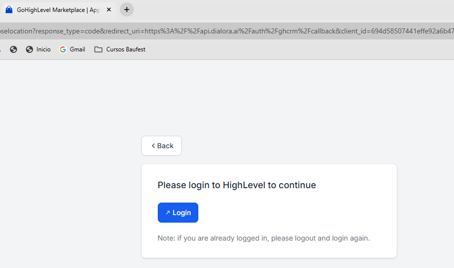 Inicio de sesión en GoHighLevel para conectar la cuenta