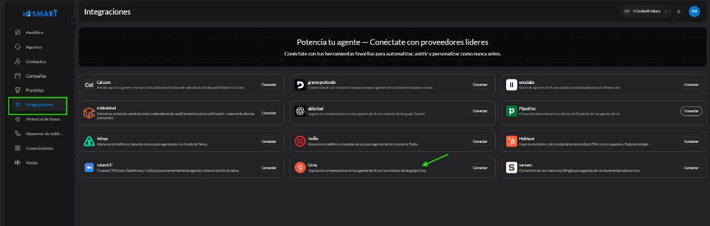 Sección Integraciones — Groq