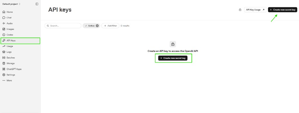 OpenAI — sección API Keys y crear clave secreta