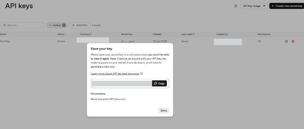 OpenAI — modal Save your key y botón Copy