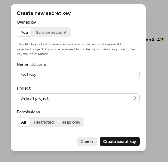 OpenAI — modal Create new secret key