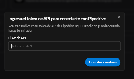 Modal para ingresar la clave de API de Pipedrive en E-Smart360