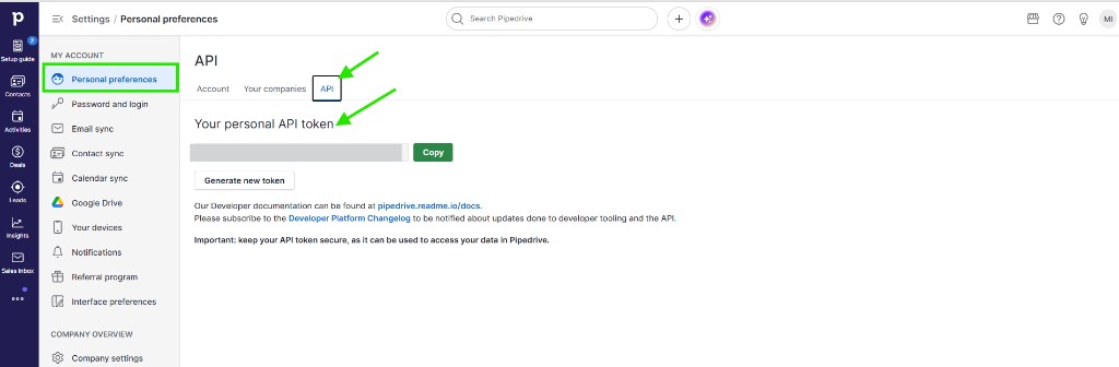 Pipedrive — Personal preferences y pestaña API