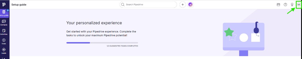 Pipedrive — icono de perfil en la esquina superior derecha