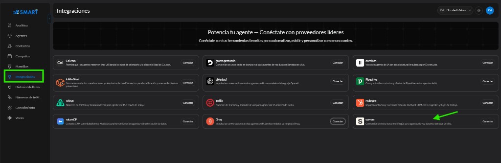 Sección Integraciones — Sarvam AI