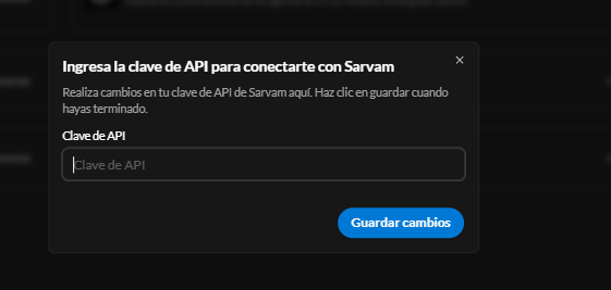 Modal para ingresar la clave de API de Sarvam en E-Smart360