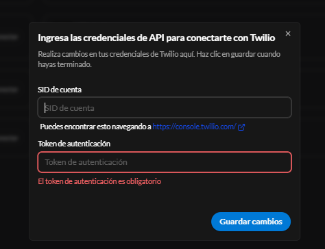 Integración Twilio — credenciales de API