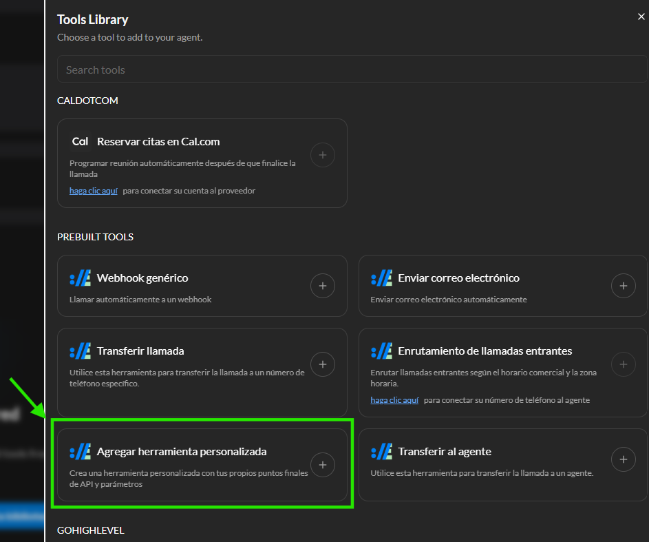 Biblioteca de herramientas — Agregar herramienta personalizada