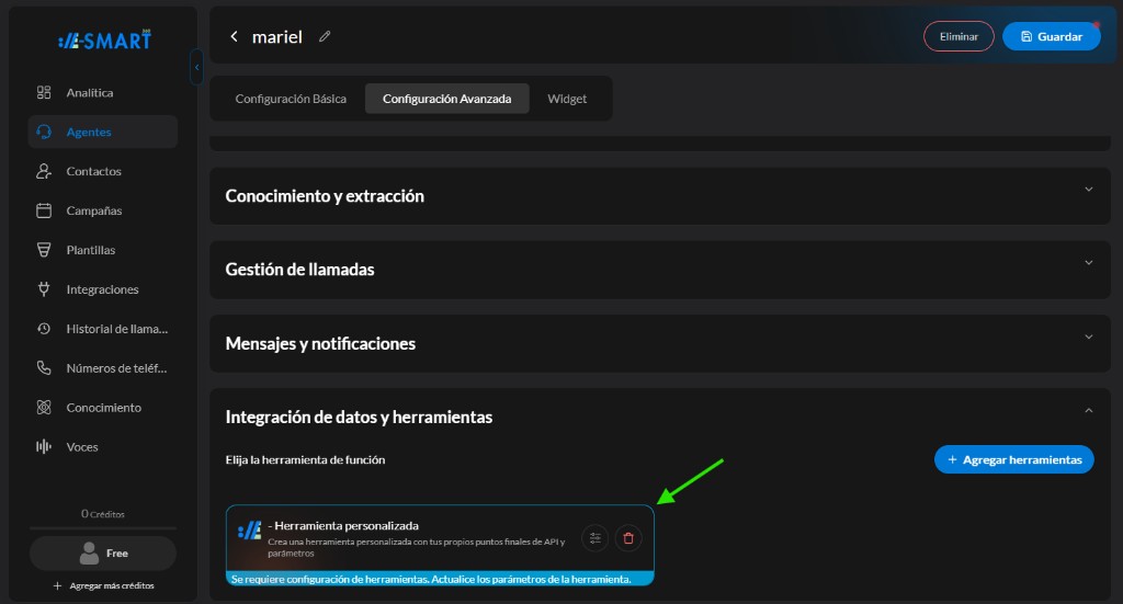 Herramienta personalizada añadida al agente