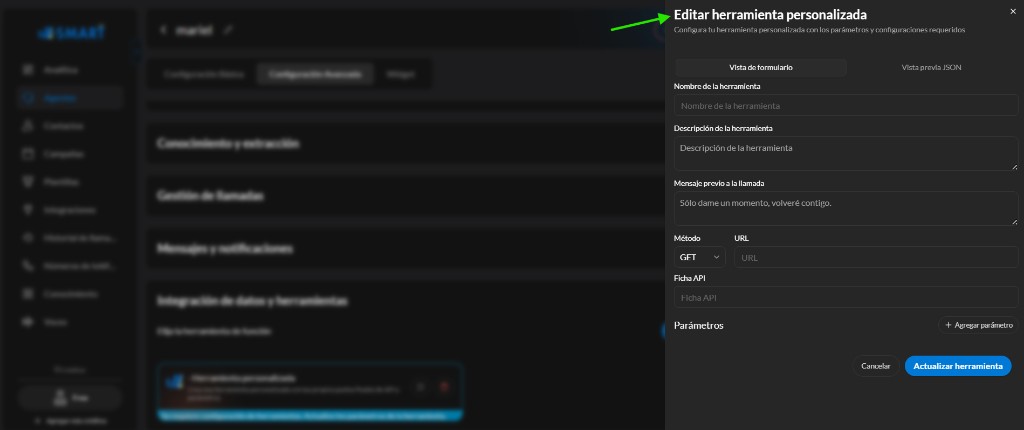 Panel Editar herramienta personalizada
