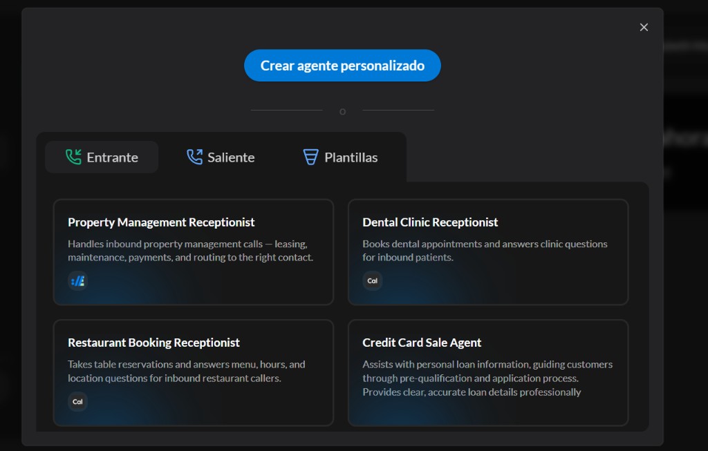Panel de creación de agente: entrante, saliente y plantillas