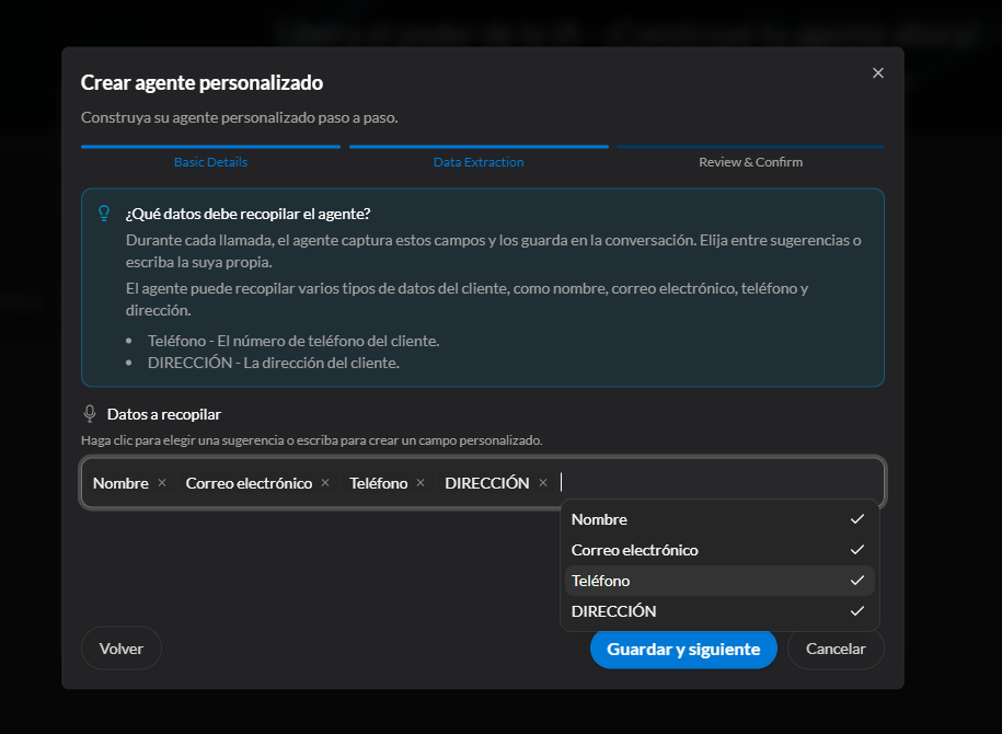 Datos a recopilar: nombre, correo, teléfono y dirección