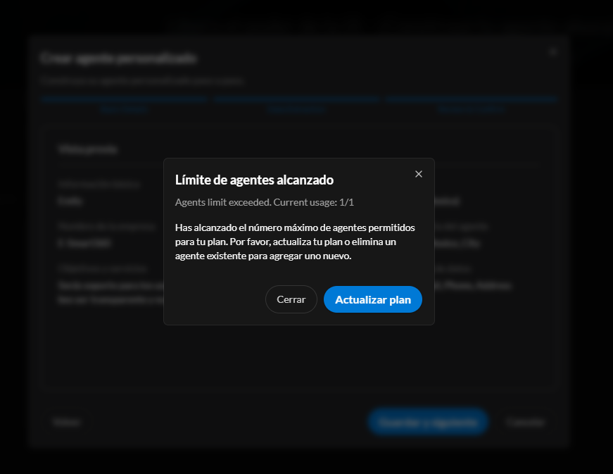 Límite de agentes alcanzado al superar el cupo del plan