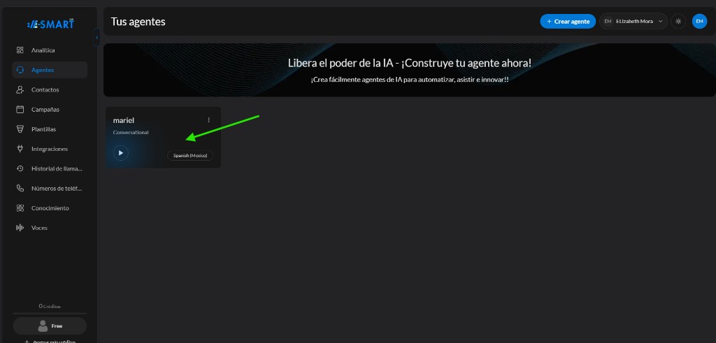 Agente creado en la lista Tus agentes
