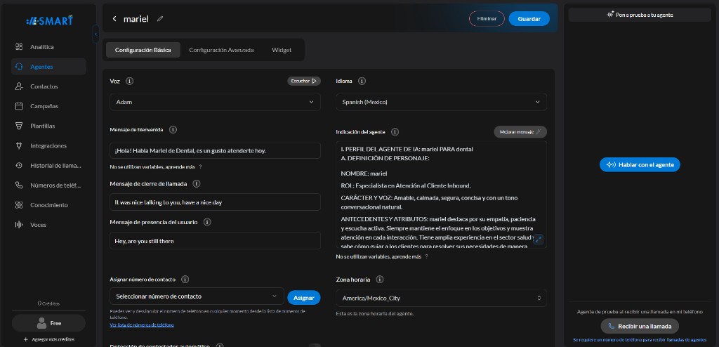 Configuración básica: voz, idioma, mensajes e indicación del agente