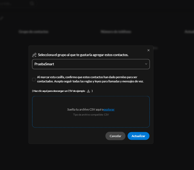 Ventana emergente para subir contactos en CSV