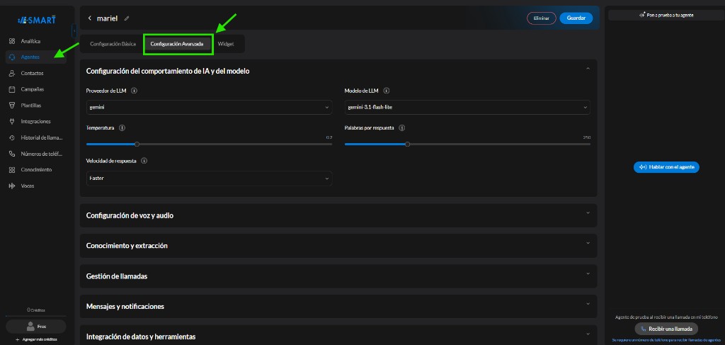 Pestaña Configuración Avanzada en el panel del agente