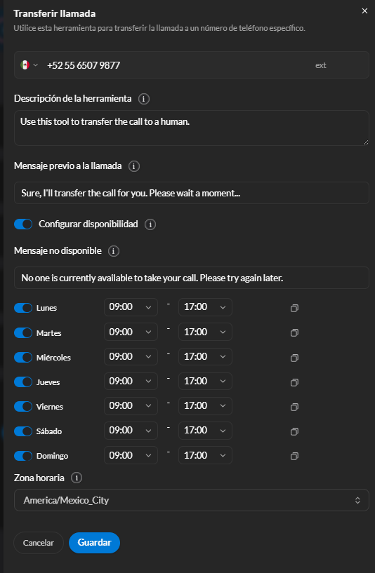 Formulario de configuración de Transferir llamada