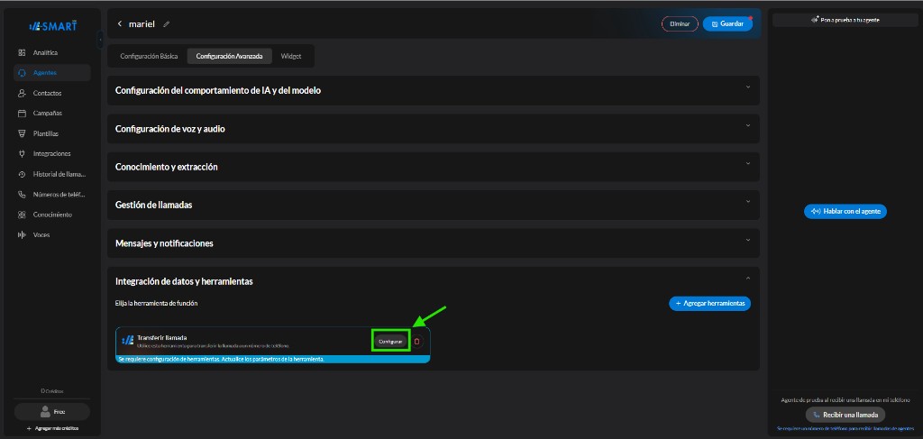 Botón Configurar en la herramienta Transferir llamada