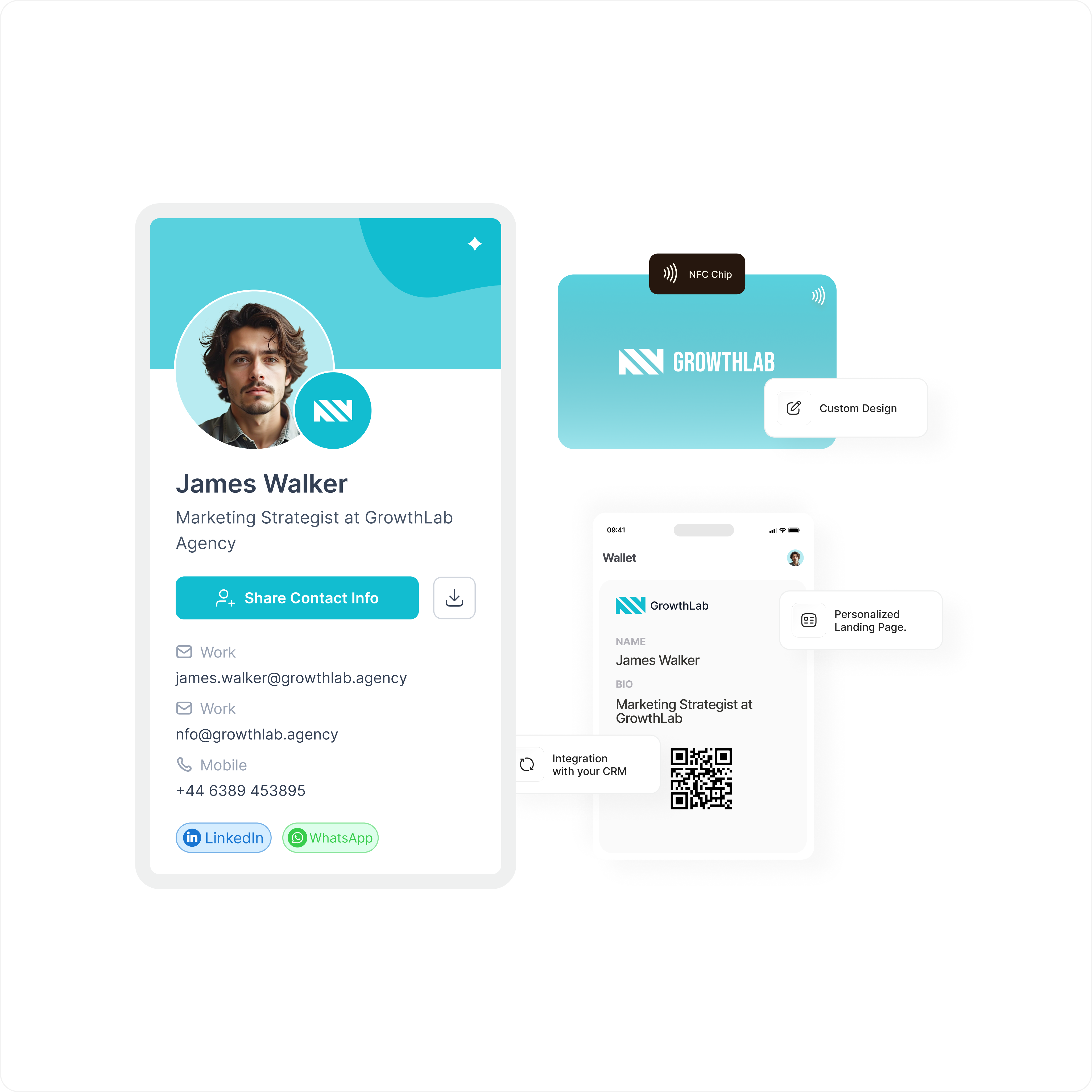 Dashboard de analíticas con leads generados y perfiles móviles de tarjetas digitales